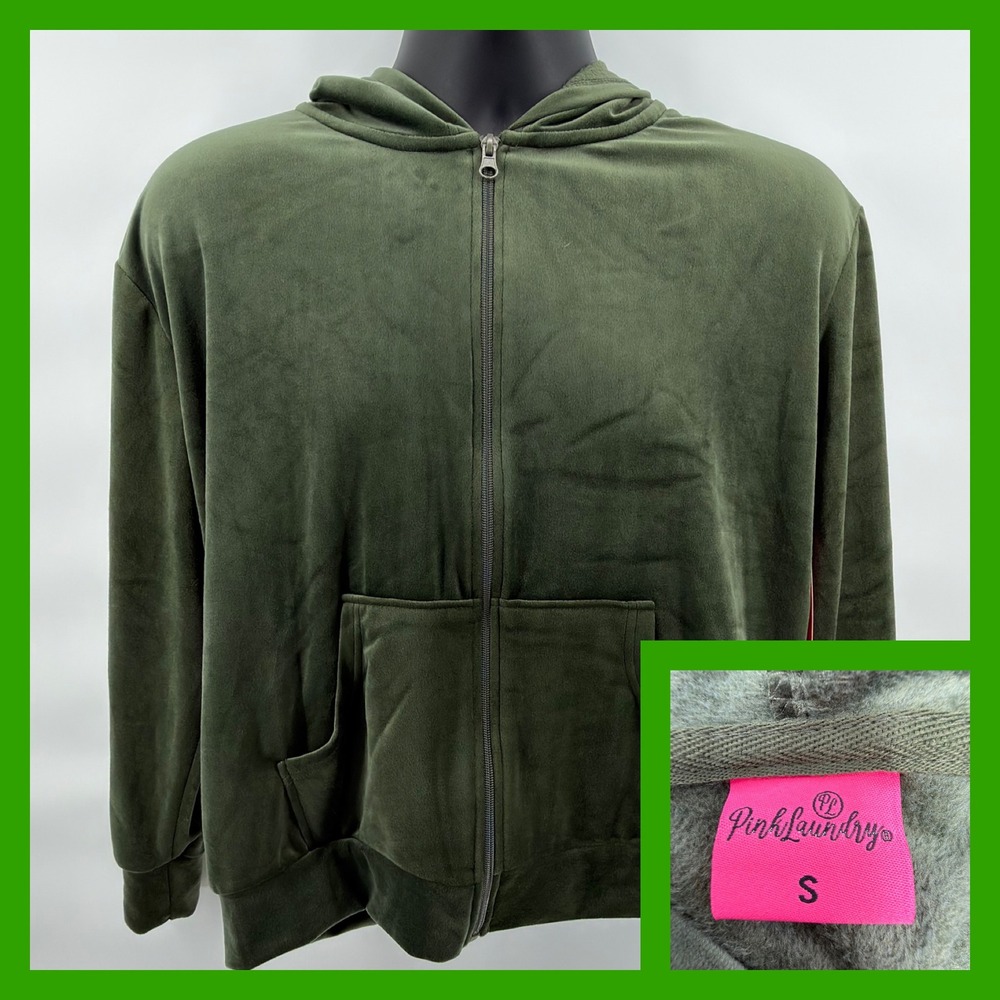 Pink Laundry Lounge Velour Zip Up Hoodie Small Olive Green Plush Velvet Jacket S